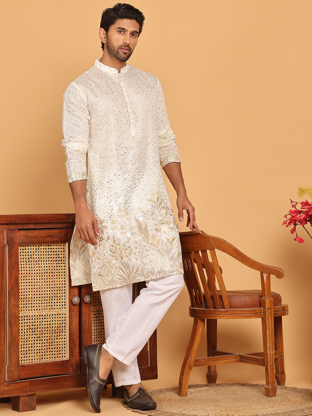Embroidered and Sequins Silk Blend Kurta Pyjama Set ( JOKP P 5169 White )