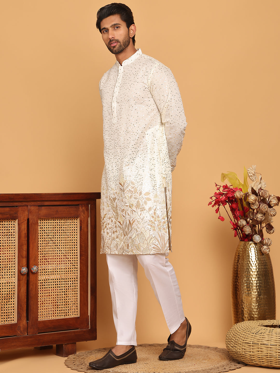 Embroidered and Sequins Silk Blend Kurta Pyjama Set ( JOKP P 5169 White )