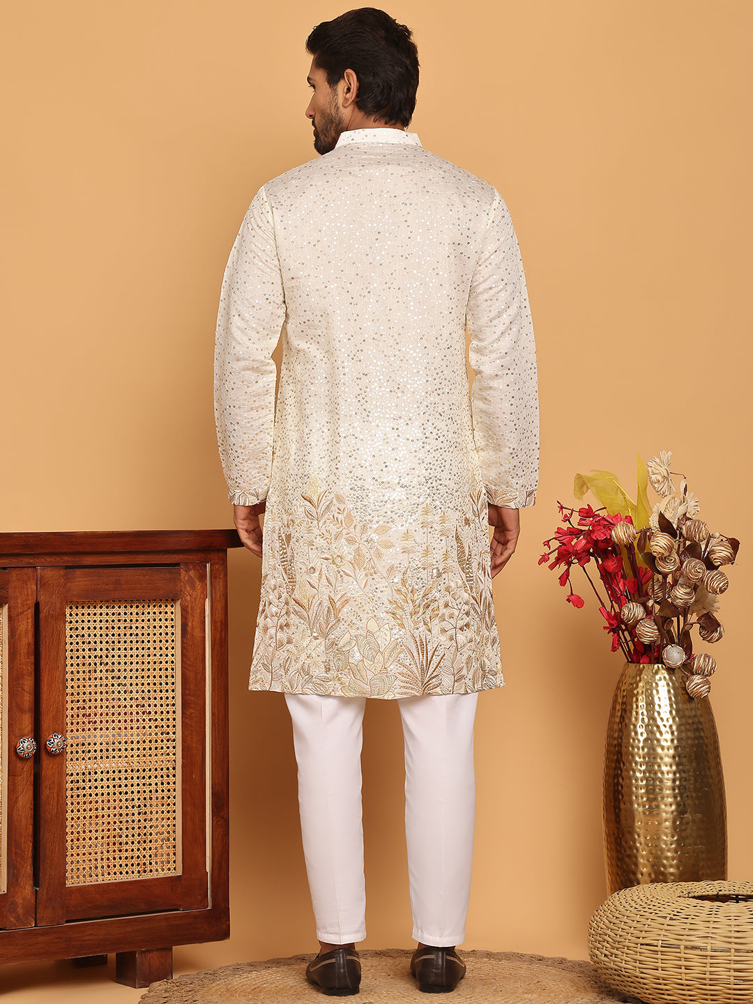 Embroidered and Sequins Silk Blend Kurta Pyjama Set ( JOKP P 5169 White )