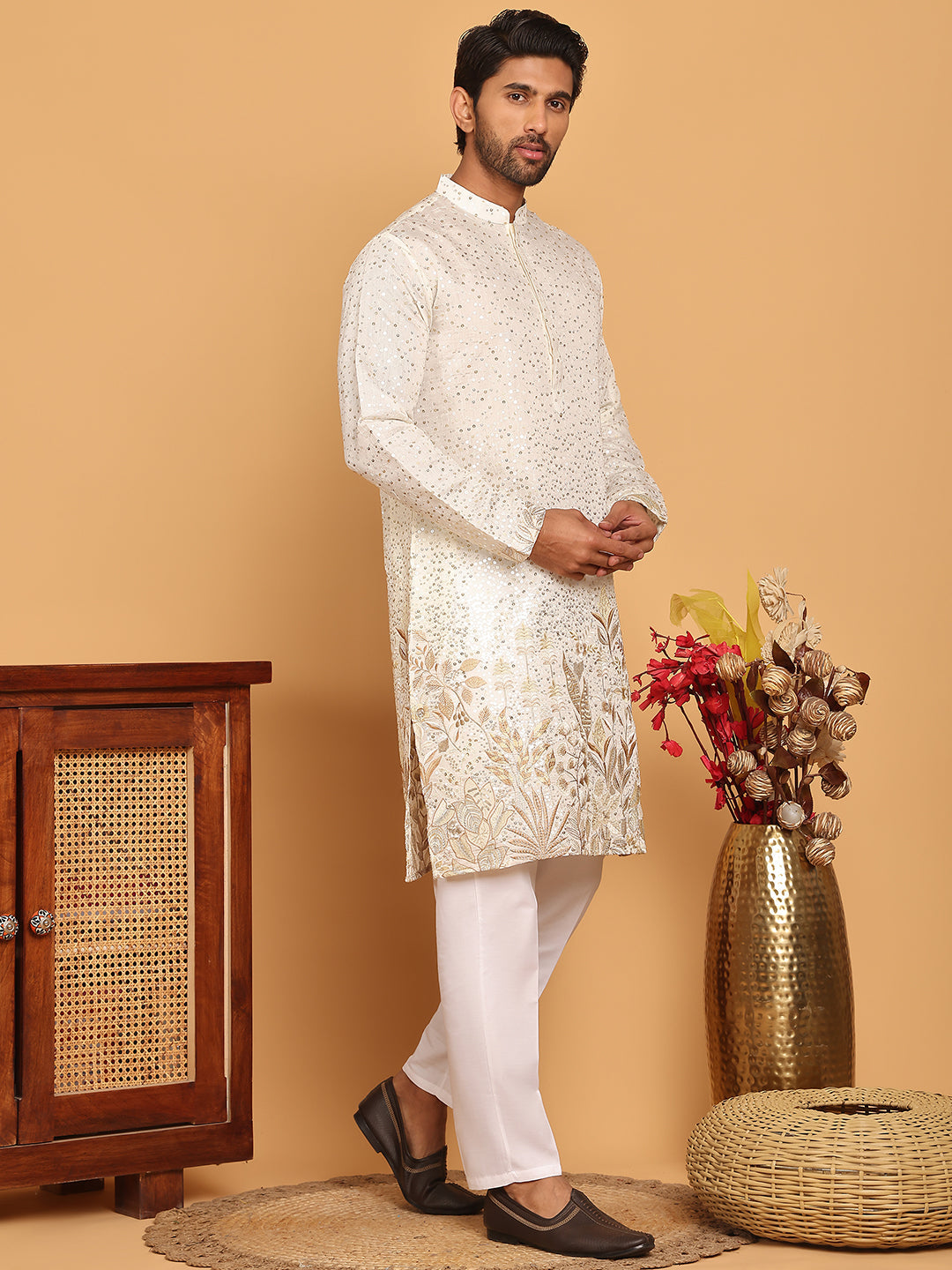 Embroidered and Sequins Silk Blend Kurta Pyjama Set ( JOKP P 5169 White )