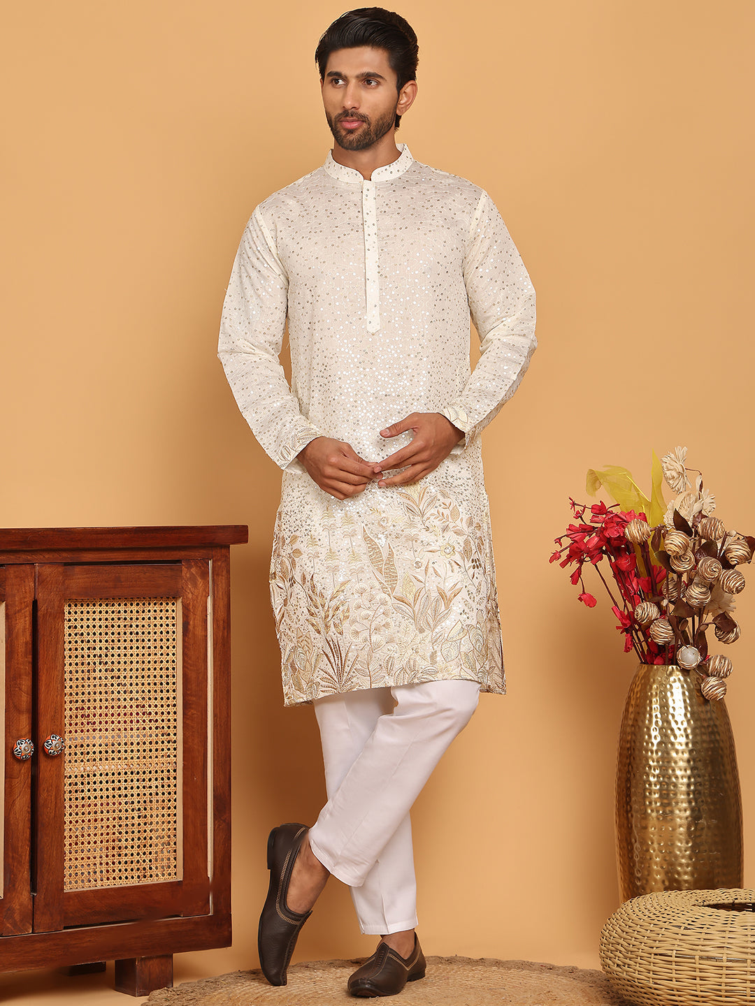 Embroidered and Sequins Silk Blend Kurta Pyjama Set ( JOKP P 5169 White )
