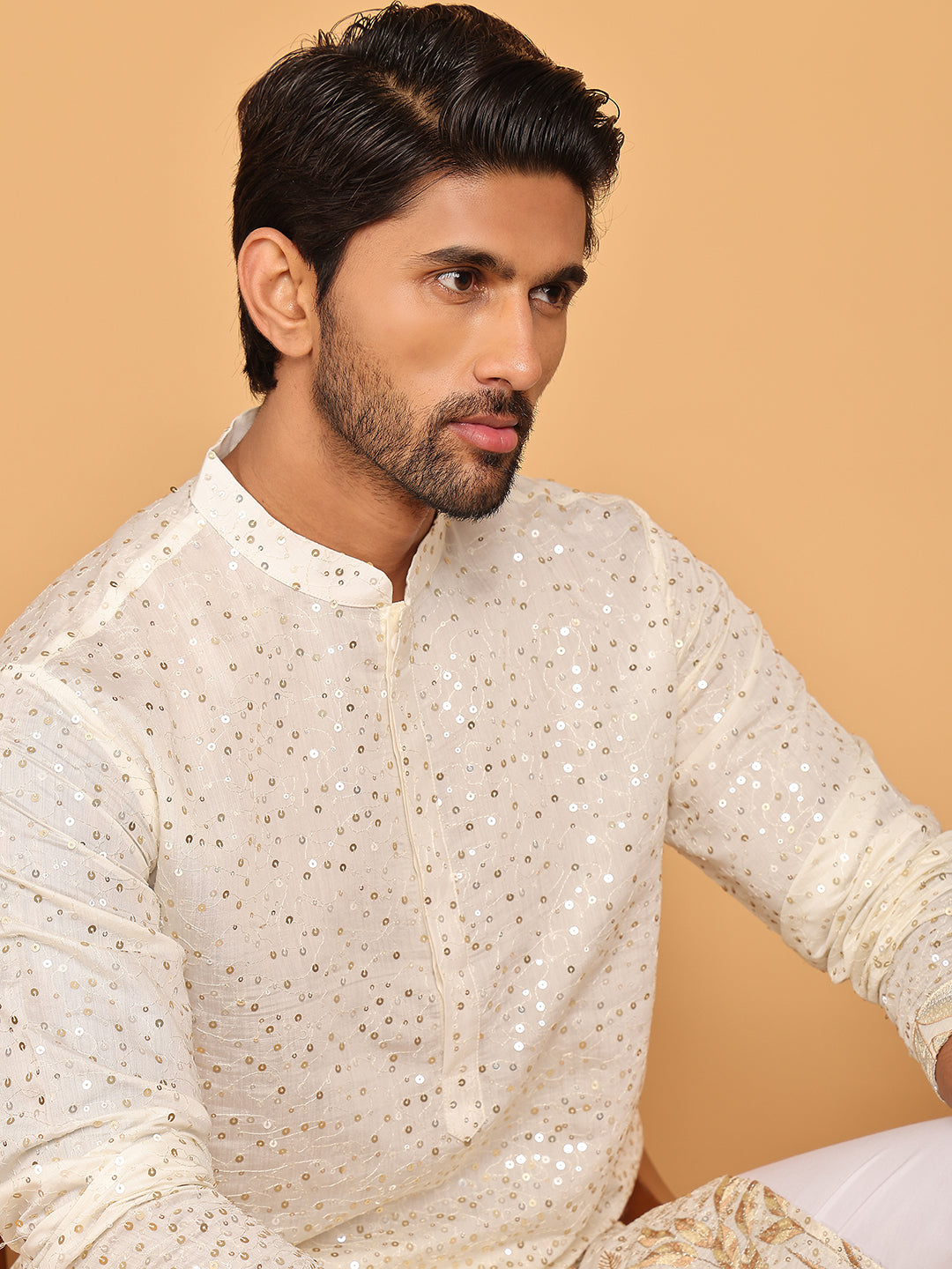 Embroidered and Sequins Silk Blend Kurta Pyjama Set ( JOKP P 5169 White )