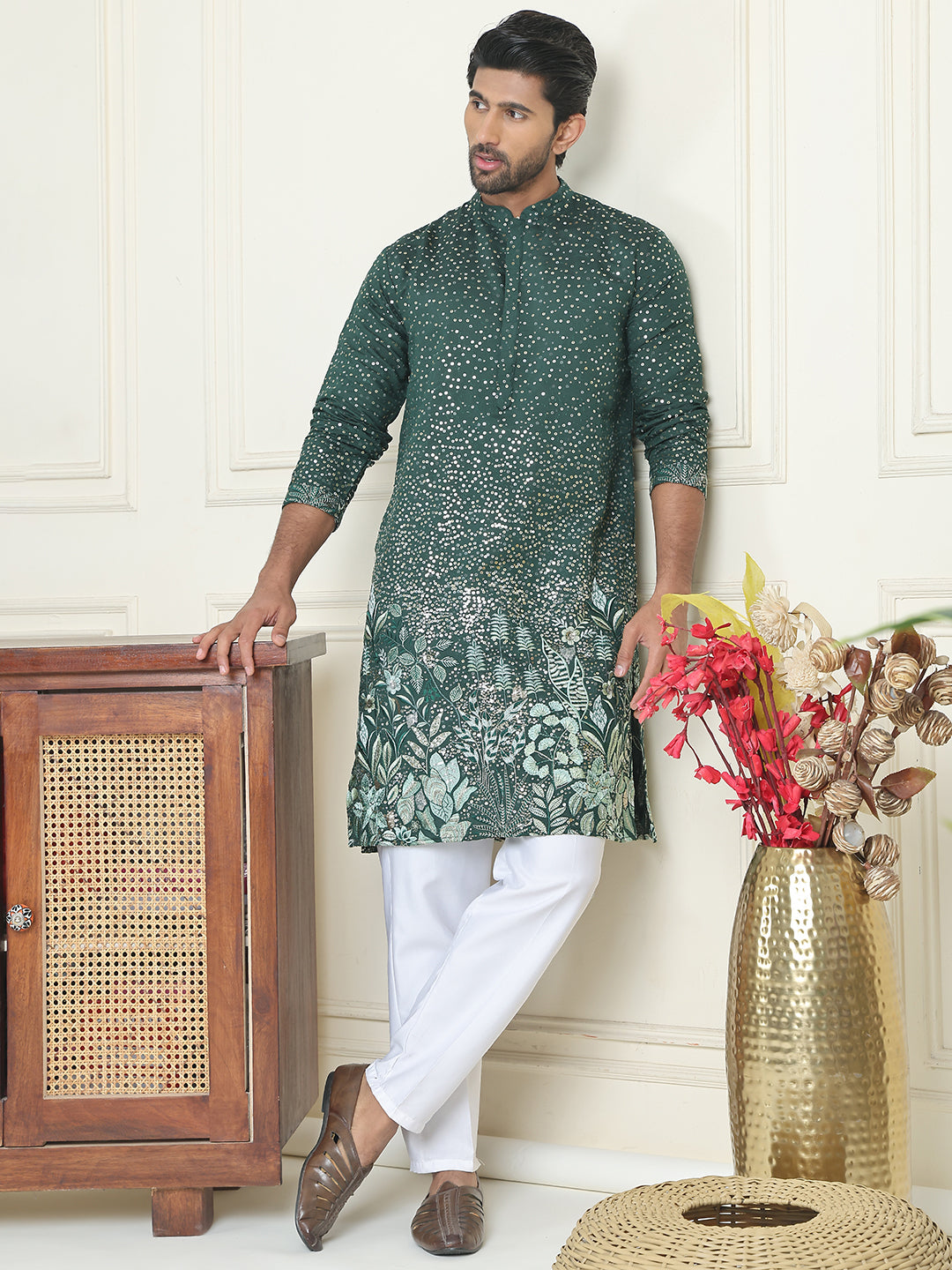 Embroidered and Sequins Silk Blend Kurta Pyjama Set ( JOKP P 5169 Olive )