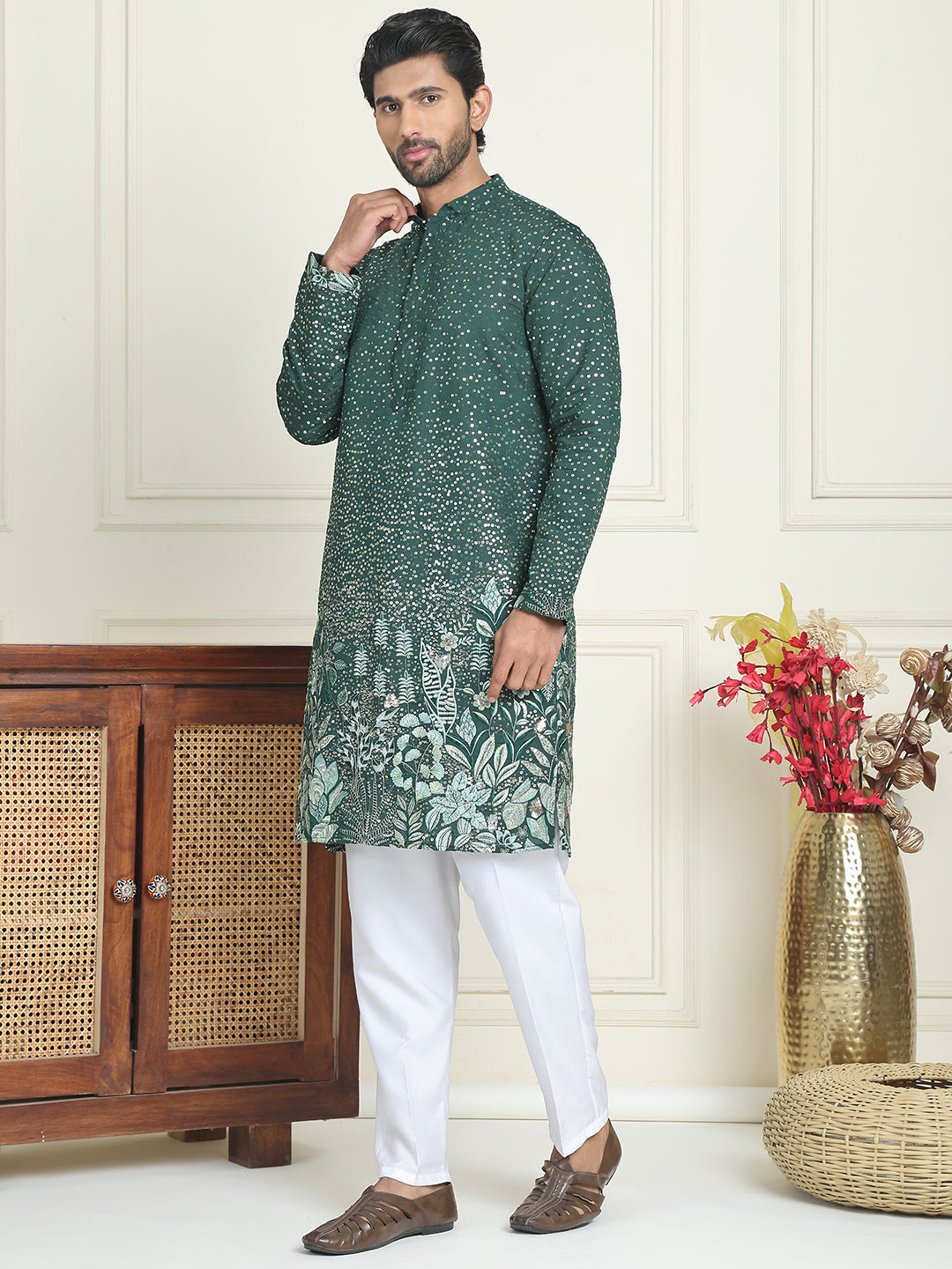 Embroidered and Sequins Silk Blend Kurta Pyjama Set ( JOKP P 5169 Olive )