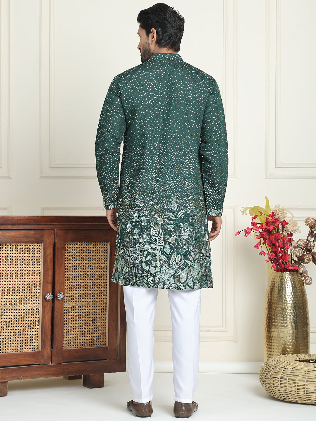 Embroidered and Sequins Silk Blend Kurta Pyjama Set ( JOKP P 5169 Olive )
