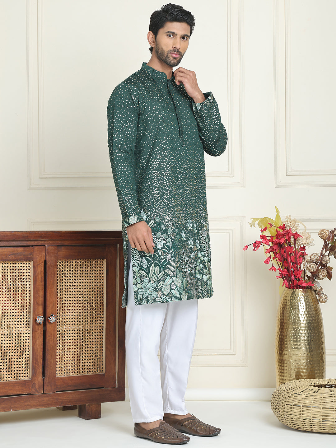 Embroidered and Sequins Silk Blend Kurta Pyjama Set ( JOKP P 5169 Olive )