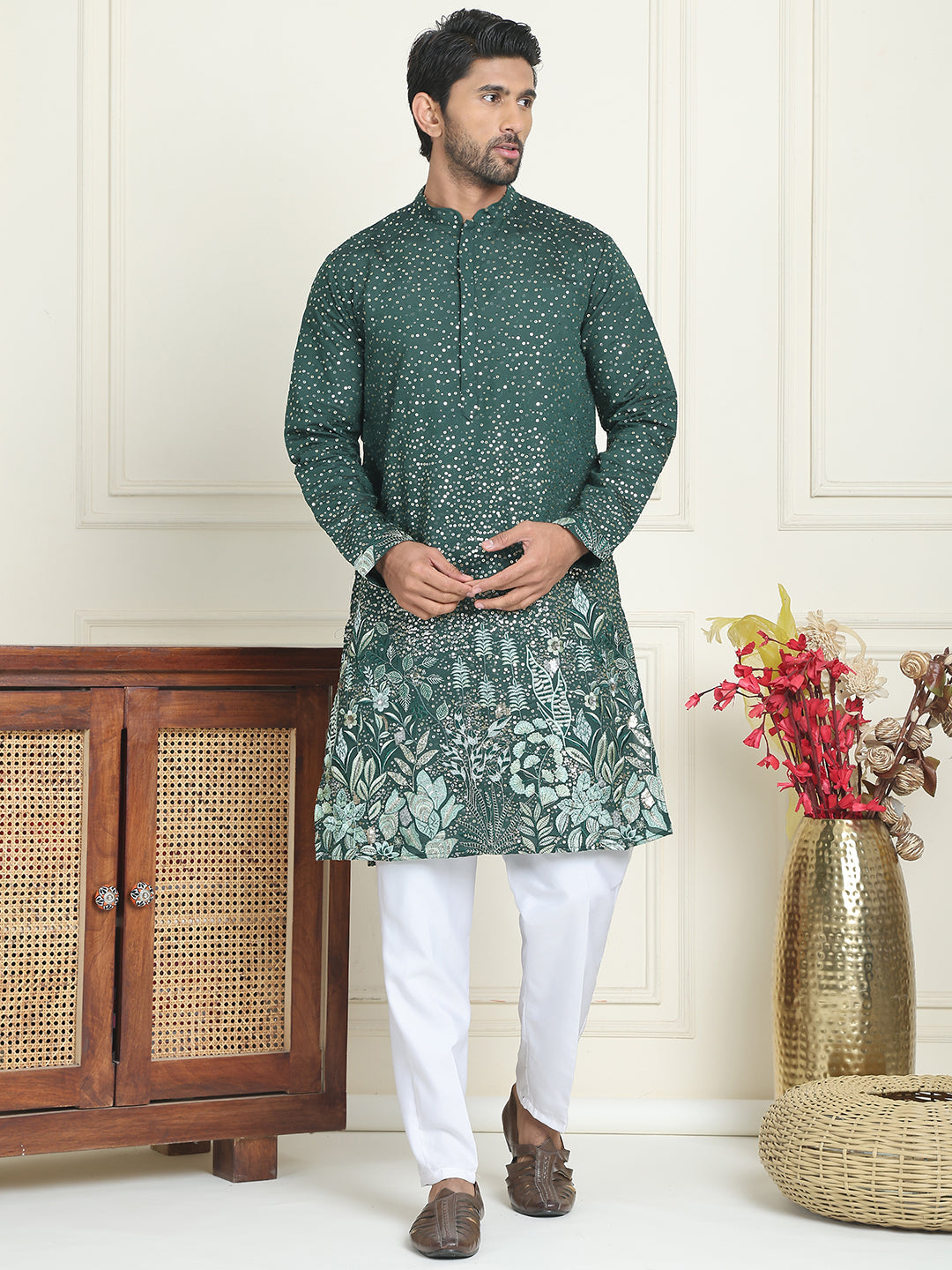 Embroidered and Sequins Silk Blend Kurta Pyjama Set ( JOKP P 5169 Olive )