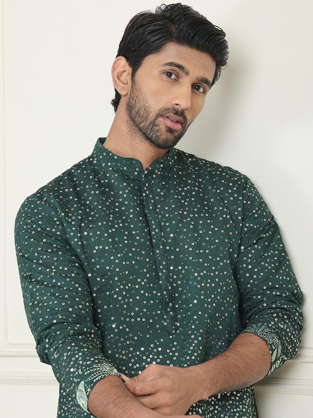 Embroidered and Sequins Silk Blend Kurta Pyjama Set ( JOKP P 5169 Olive )