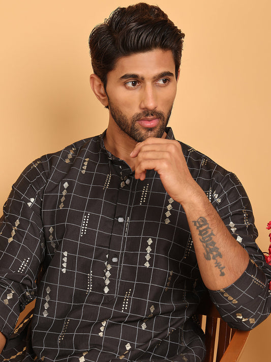 Foil Printed Straight Kurta Pyjama Set For Men ( JOKP P 5170 Black )