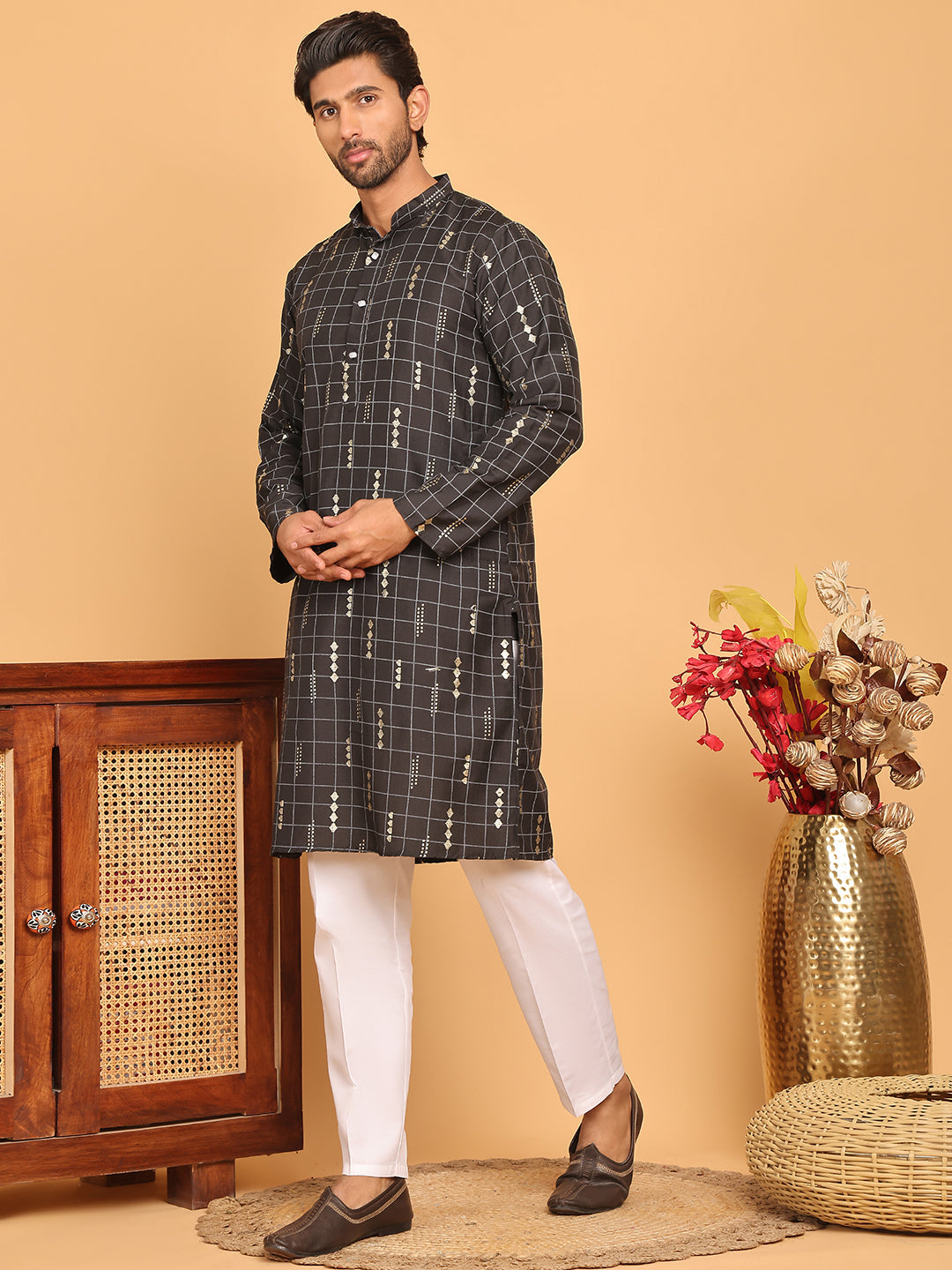 Foil Printed Straight Kurta Pyjama Set For Men ( JOKP P 5170 Black )