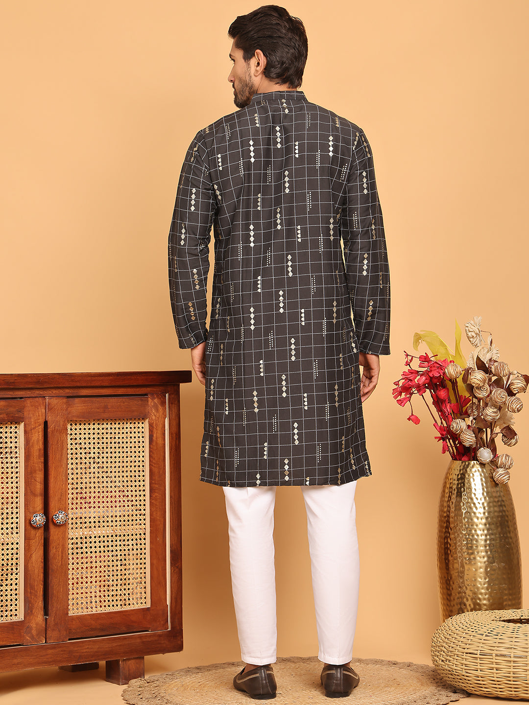 Foil Printed Straight Kurta Pyjama Set For Men ( JOKP P 5170 Black )