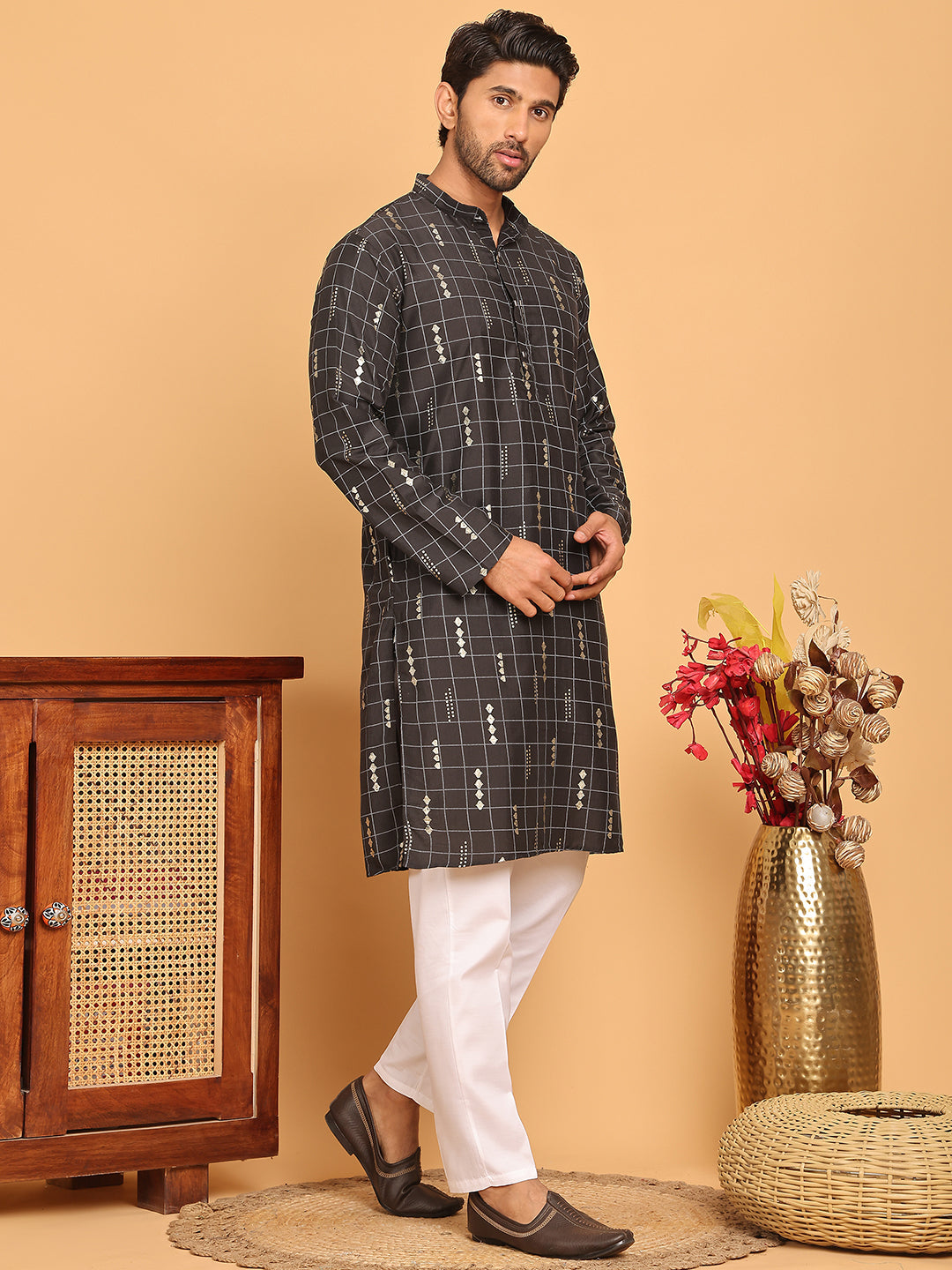 Foil Printed Straight Kurta Pyjama Set For Men ( JOKP P 5170 Black )
