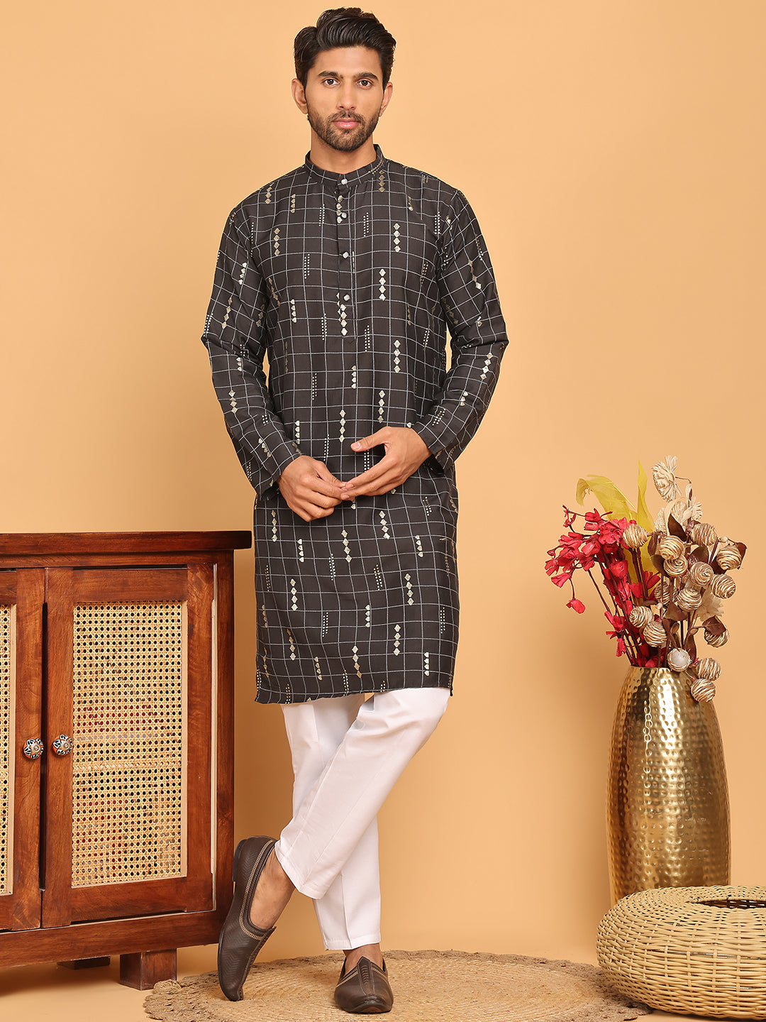Foil Printed Straight Kurta Pyjama Set For Men ( JOKP P 5170 Black )