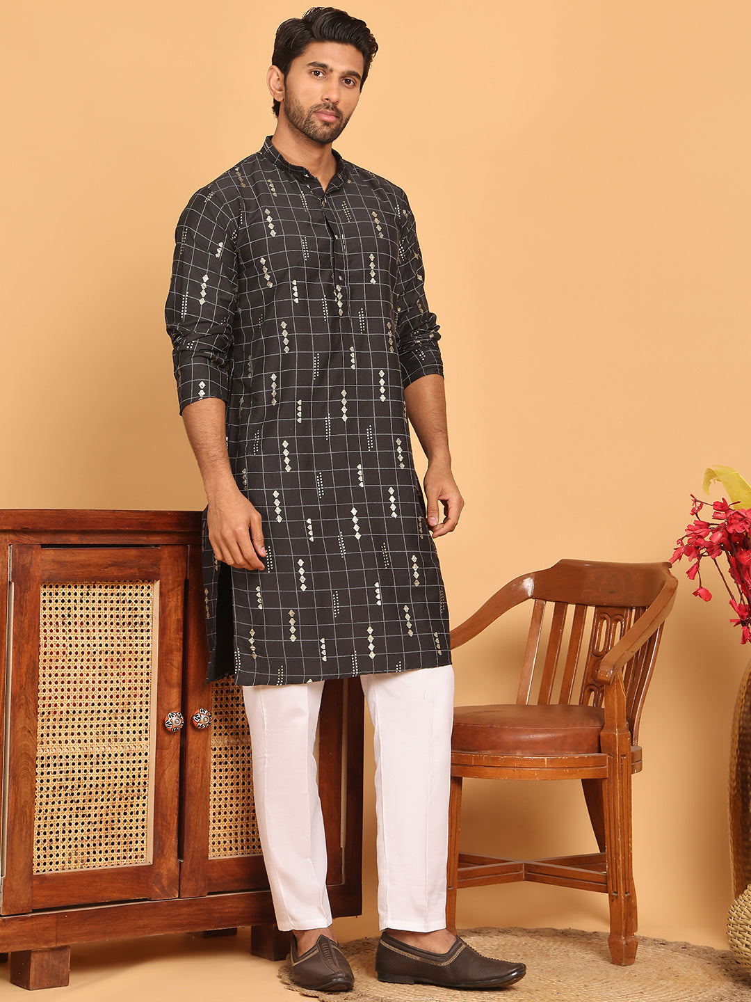 Foil Printed Straight Kurta Pyjama Set For Men ( JOKP P 5170 Black )