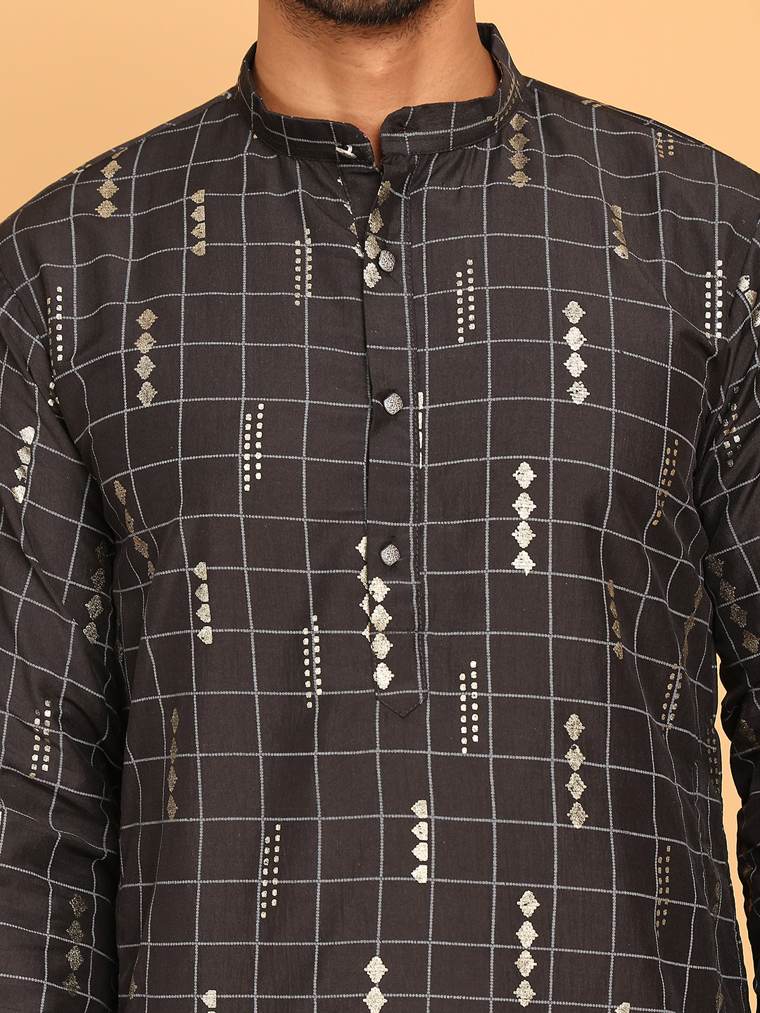 Foil Printed Straight Kurta Pyjama Set For Men ( JOKP P 5170 Black )