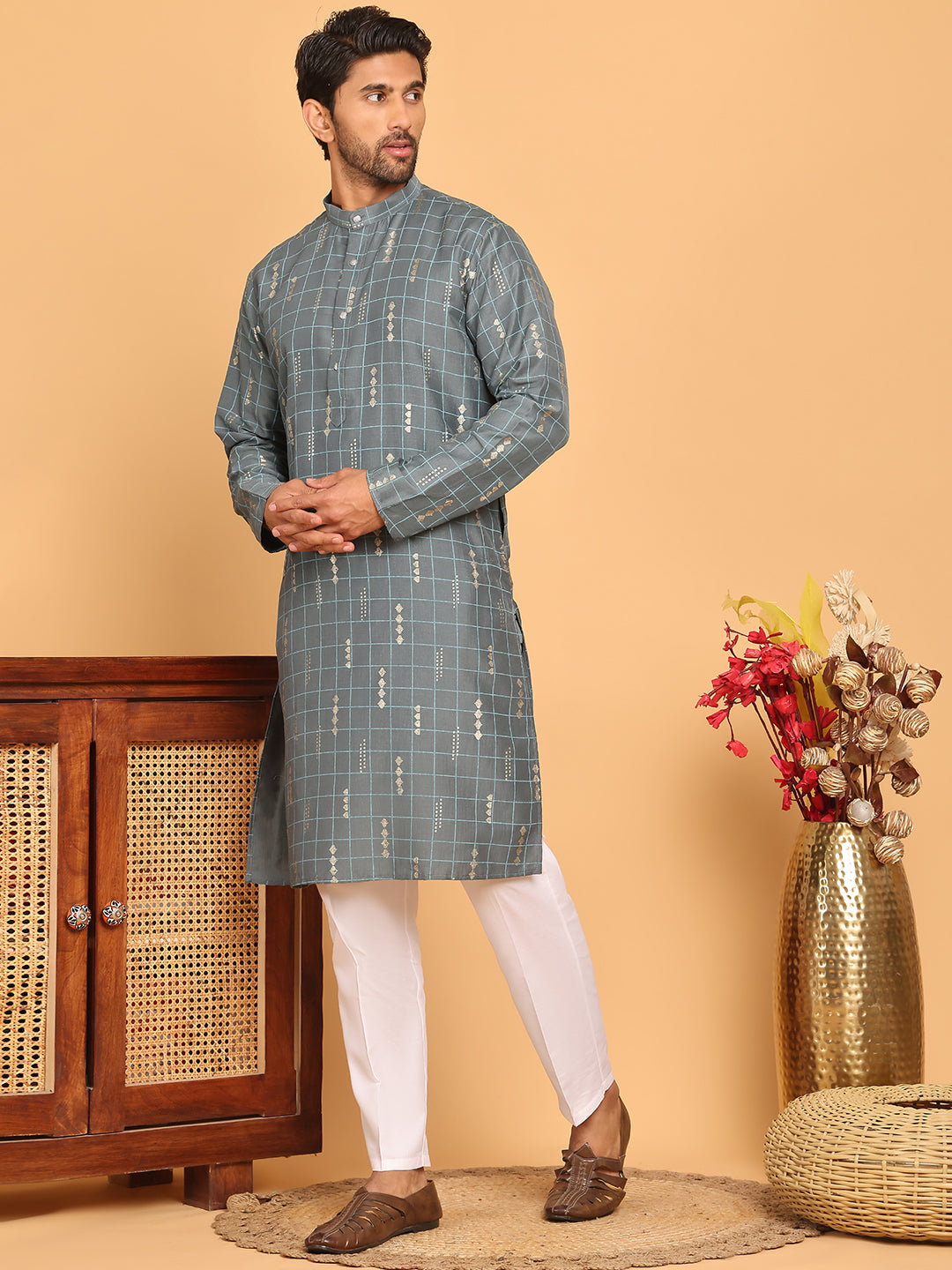 Foil Printed Straight Kurta Pyjama Set For Men ( JOKP P 5170 Grey )