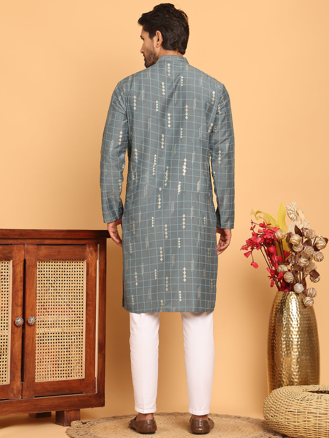 Foil Printed Straight Kurta Pyjama Set For Men ( JOKP P 5170 Grey )