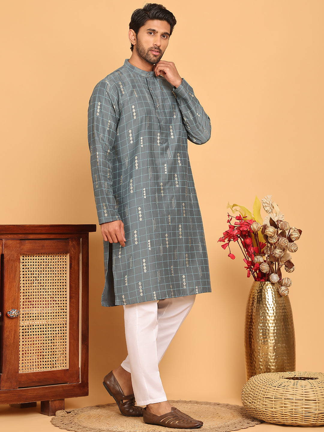 Foil Printed Straight Kurta Pyjama Set For Men ( JOKP P 5170 Grey )