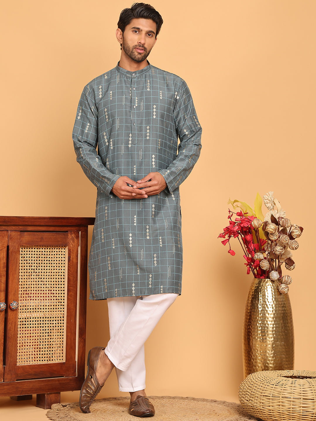 Foil Printed Straight Kurta Pyjama Set For Men ( JOKP P 5170 Grey )