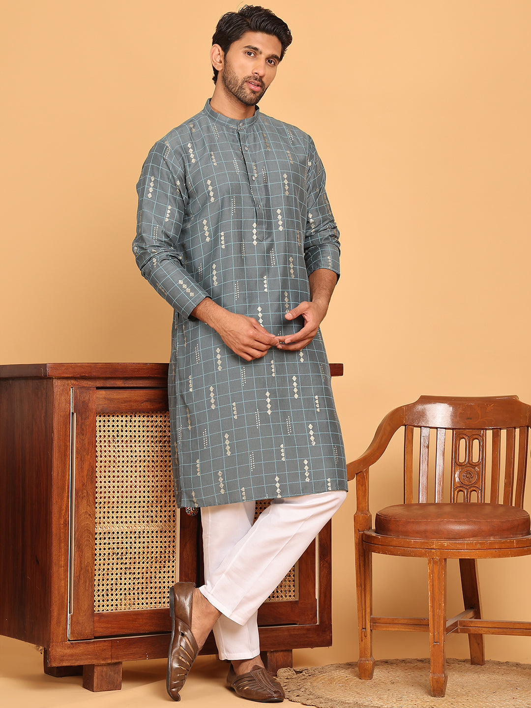 Foil Printed Straight Kurta Pyjama Set For Men ( JOKP P 5170 Grey )