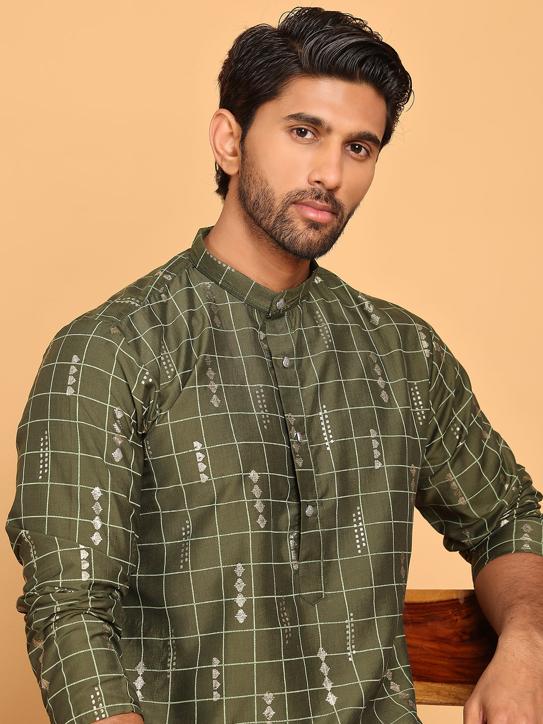 Foil Printed Straight Kurta Pyjama Set For Men ( JOKP P 5170 Olive ) [FF] [I-1-4]