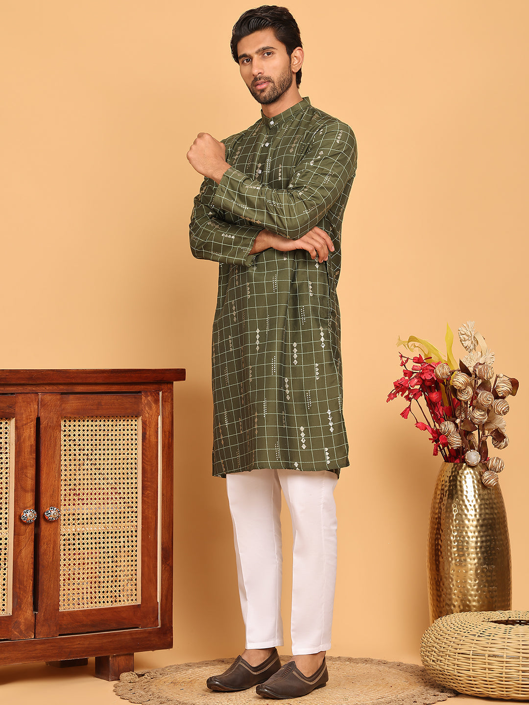 Foil Printed Straight Kurta Pyjama Set For Men ( JOKP P 5170 Olive ) [FF] [I-1-4]