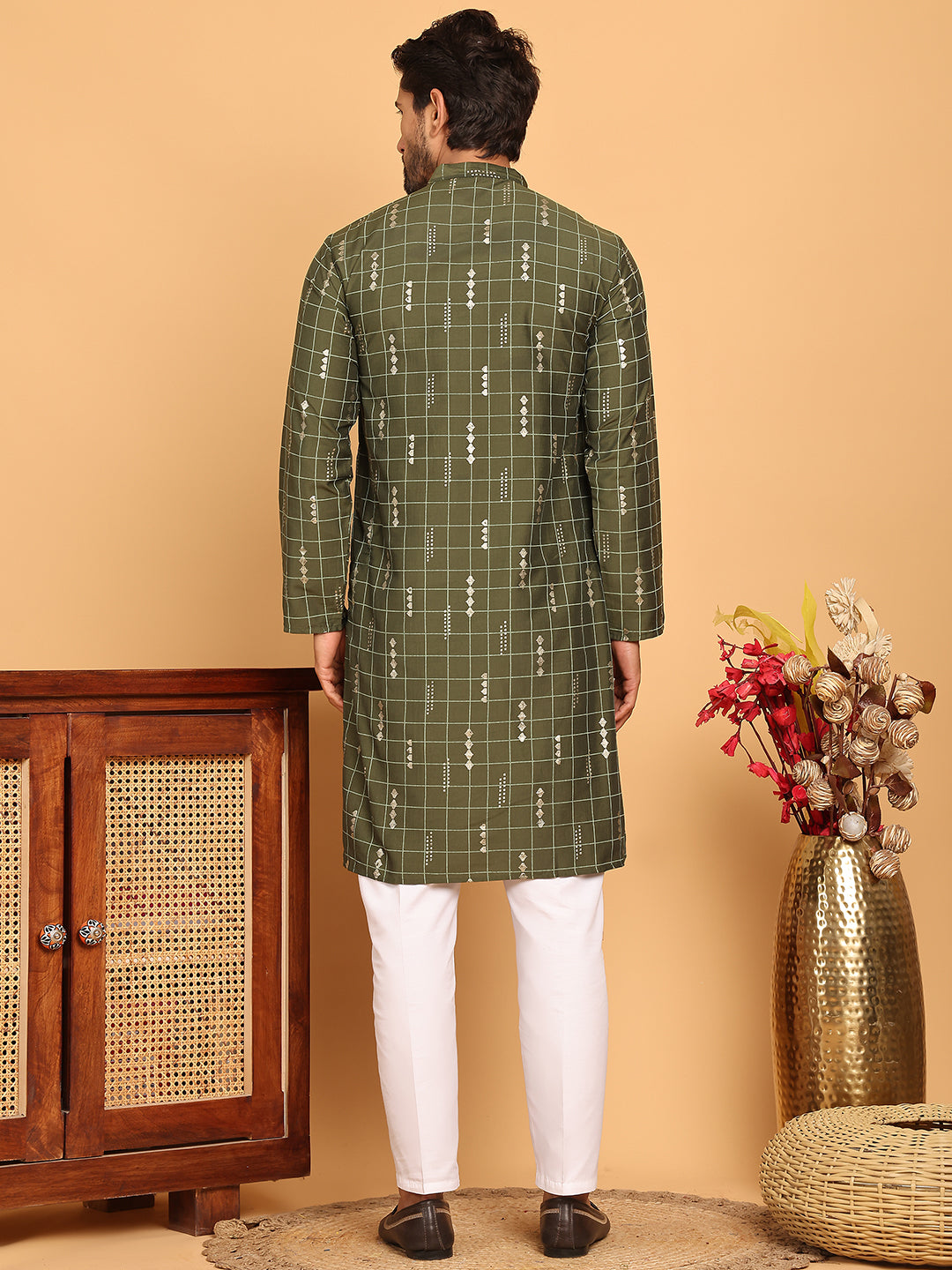 Foil Printed Straight Kurta Pyjama Set For Men ( JOKP P 5170 Olive ) [FF] [I-1-4]