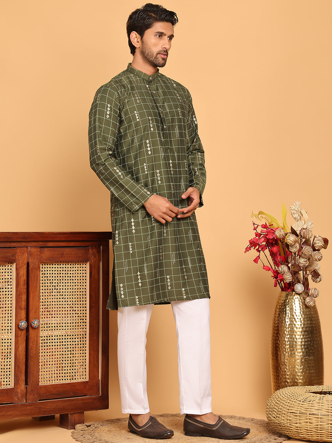 Foil Printed Straight Kurta Pyjama Set For Men ( JOKP P 5170 Olive ) [FF] [I-1-4]