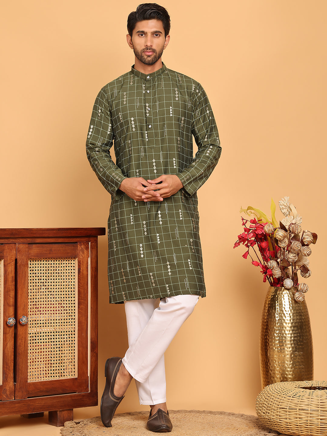 Foil Printed Straight Kurta Pyjama Set For Men ( JOKP P 5170 Olive ) [FF] [I-1-4]