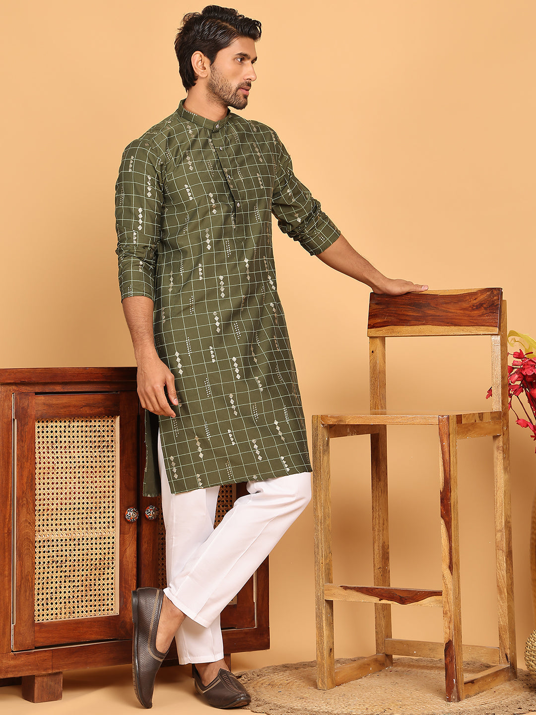 Foil Printed Straight Kurta Pyjama Set For Men ( JOKP P 5170 Olive ) [FF] [I-1-4]