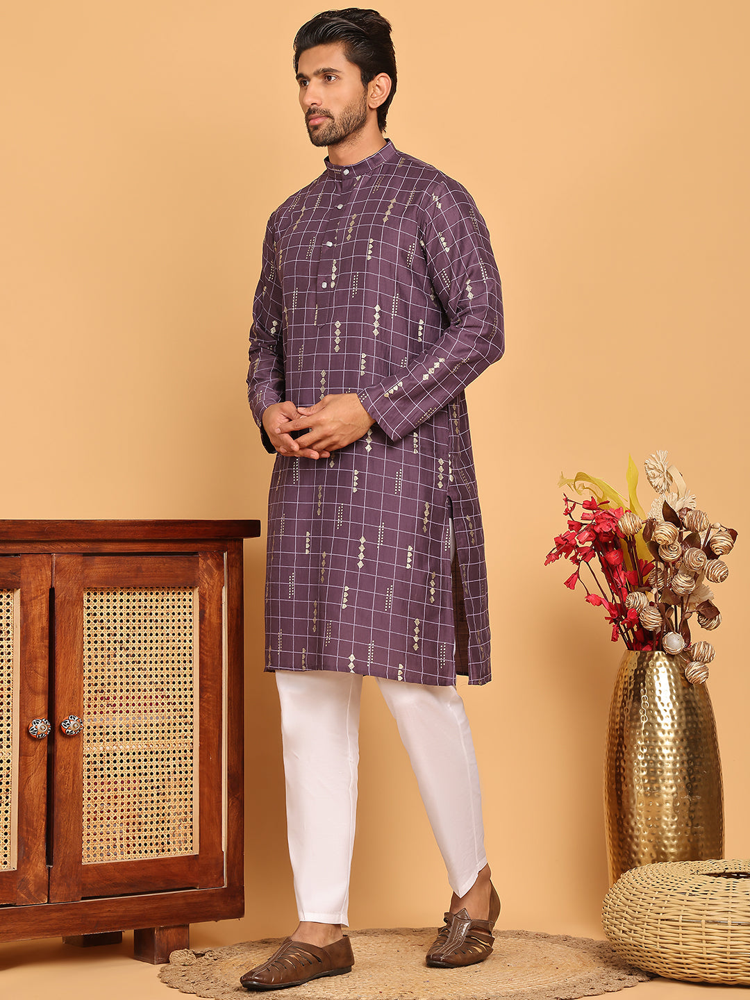 Foil Printed Straight Kurta Pyjama Set For Men ( JOKP P 5170 Purple ) [FF] [I-1-4]