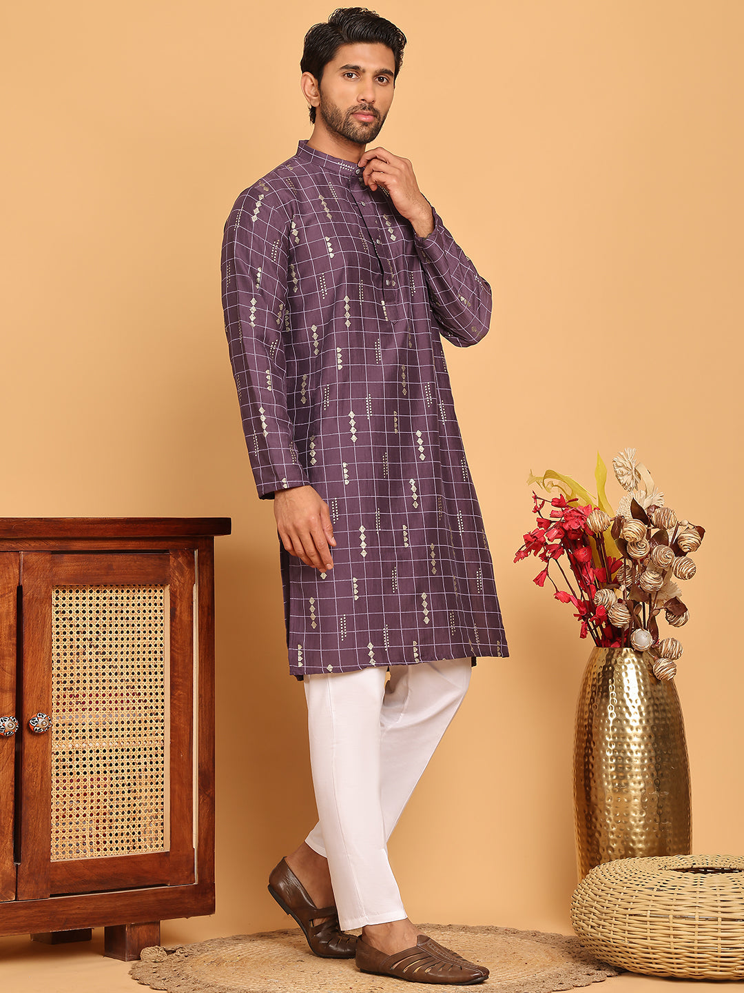 Foil Printed Straight Kurta Pyjama Set For Men ( JOKP P 5170 Purple ) [FF] [I-1-4]