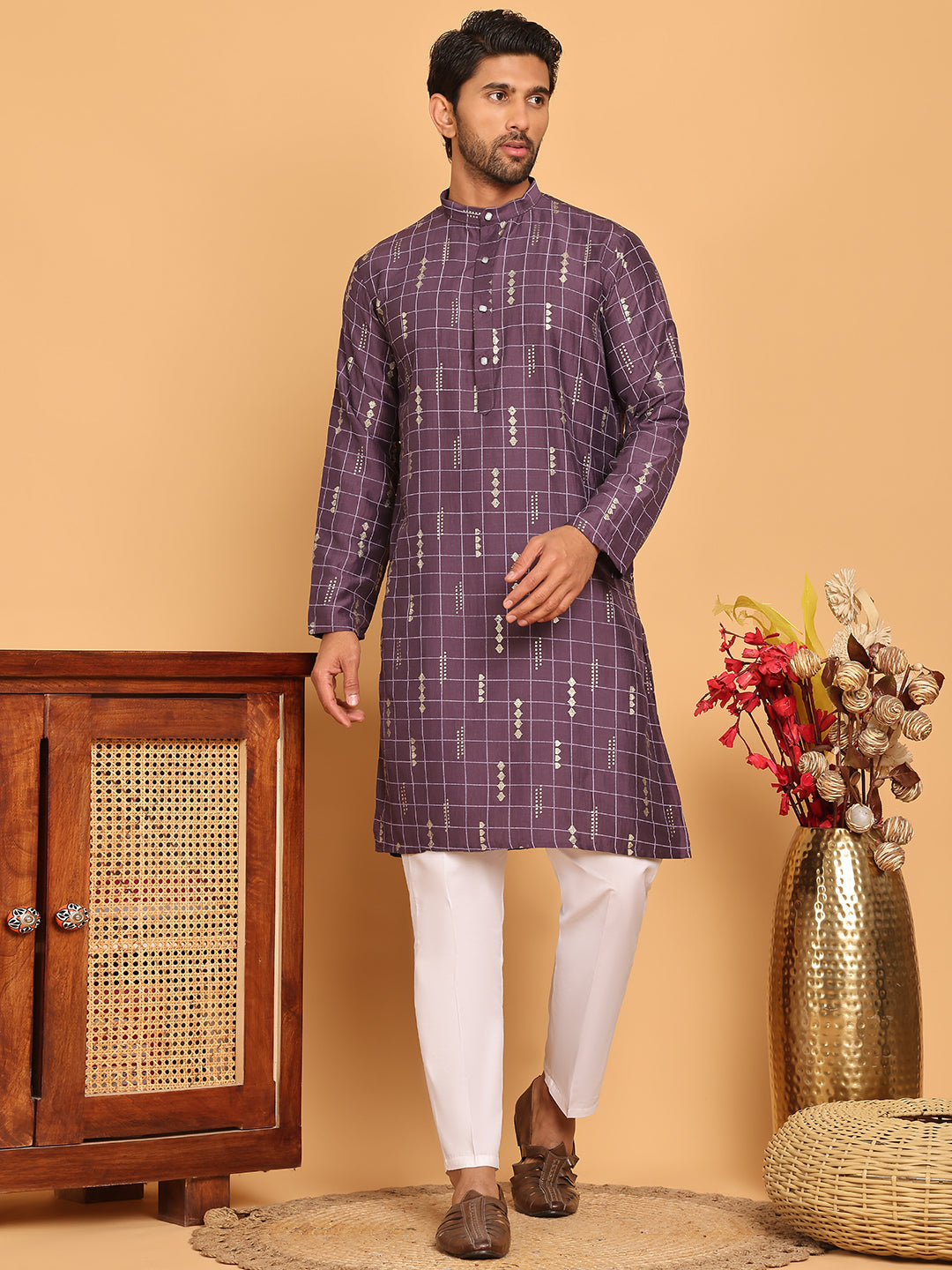 Foil Printed Straight Kurta Pyjama Set For Men ( JOKP P 5170 Purple ) [FF] [I-1-4]