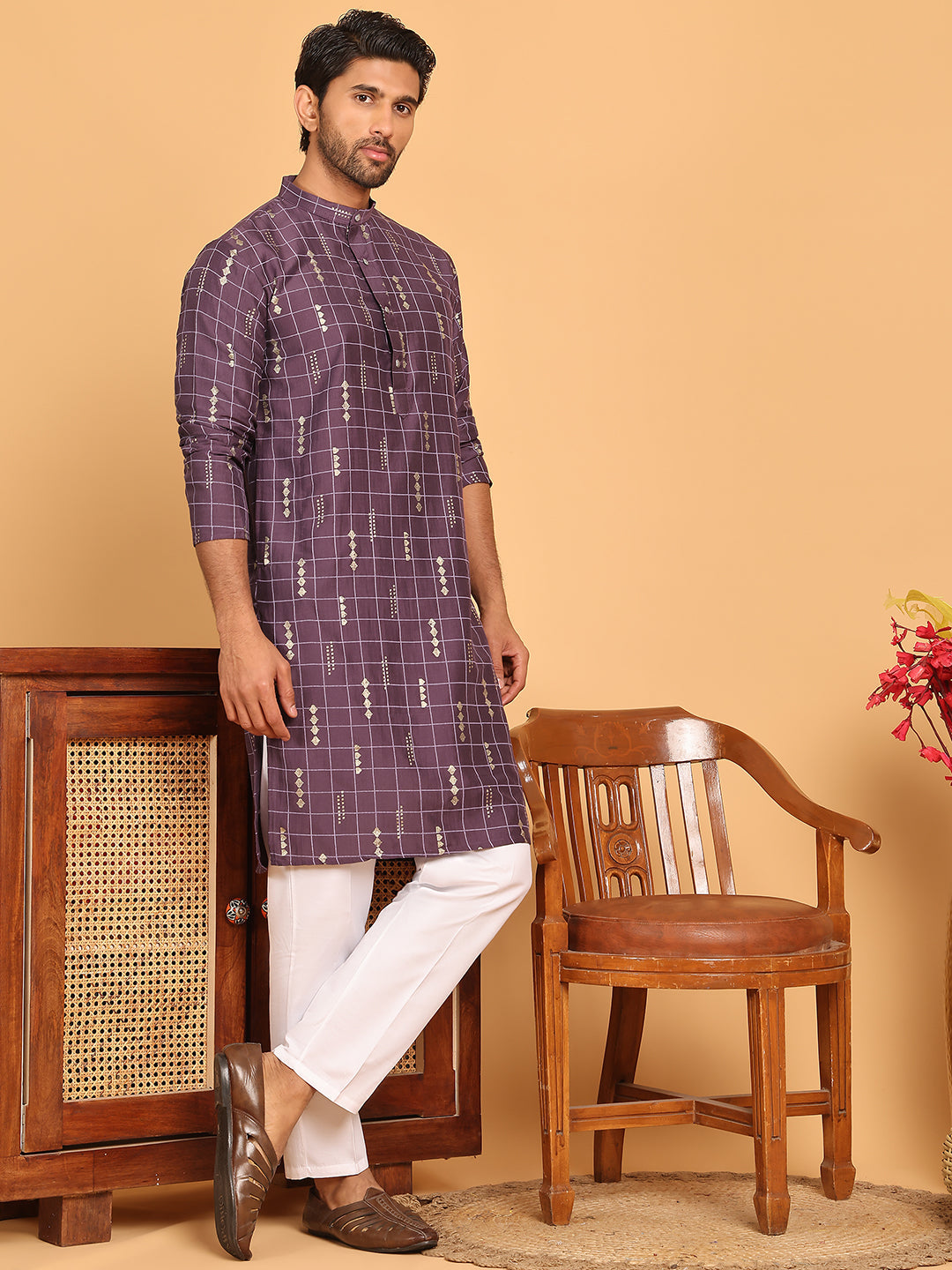 Foil Printed Straight Kurta Pyjama Set For Men ( JOKP P 5170 Purple ) [FF] [I-1-4]