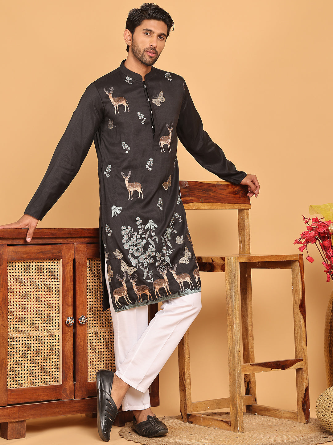 Embroidered Straight Kurta Set For Men ( JOKP P 5171 Black ) [FF] [J-2-4]