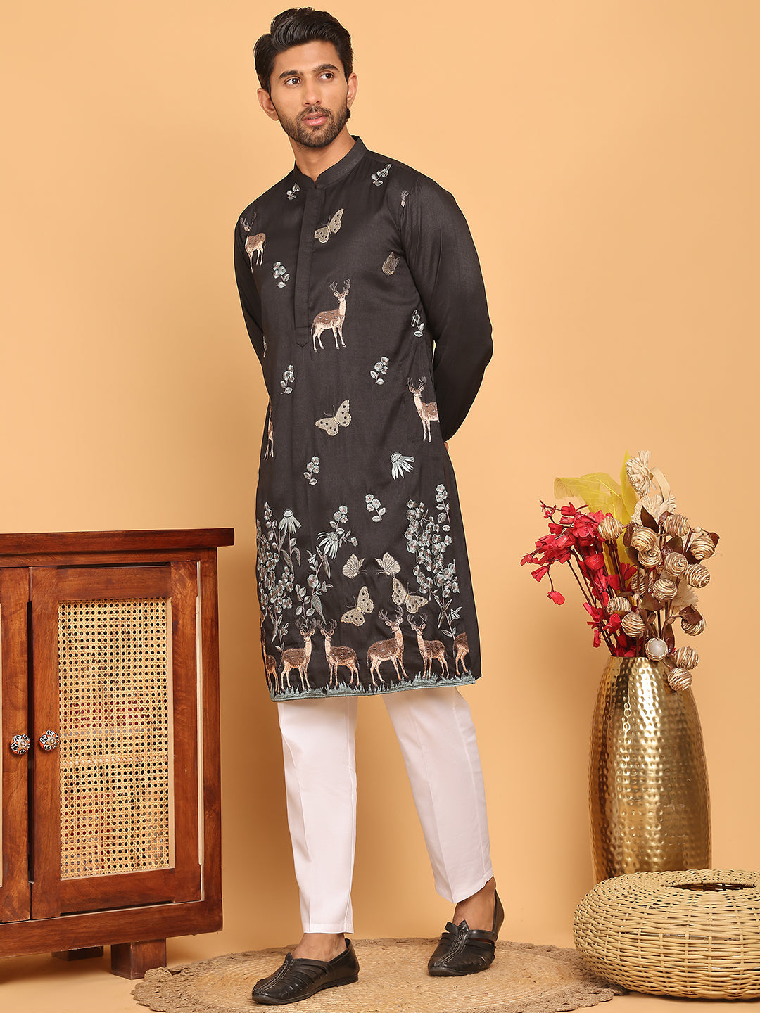 Embroidered Straight Kurta Set For Men ( JOKP P 5171 Black ) [FF] [J-2-4]