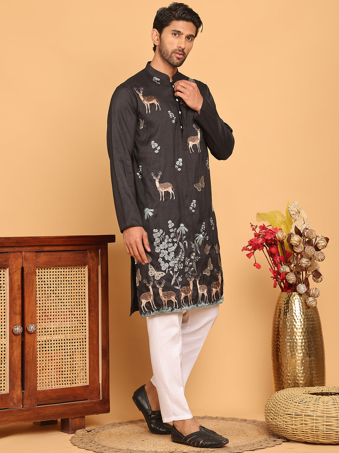 Embroidered Straight Kurta Set For Men ( JOKP P 5171 Black ) [FF] [J-2-4]