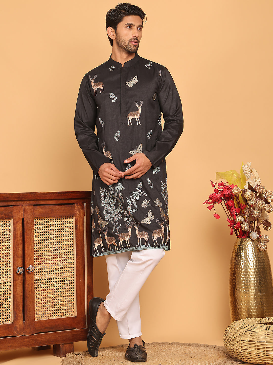 Embroidered Straight Kurta Set For Men ( JOKP P 5171 Black ) [FF] [J-2-4]