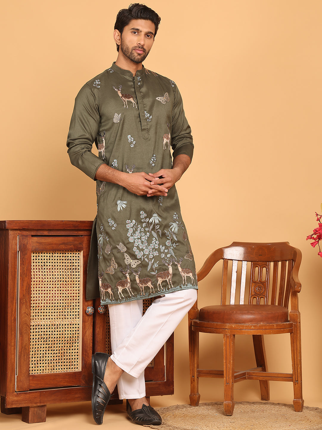 Embroidered Straight Kurta Set For Men ( JOKP P 5171 Olive )