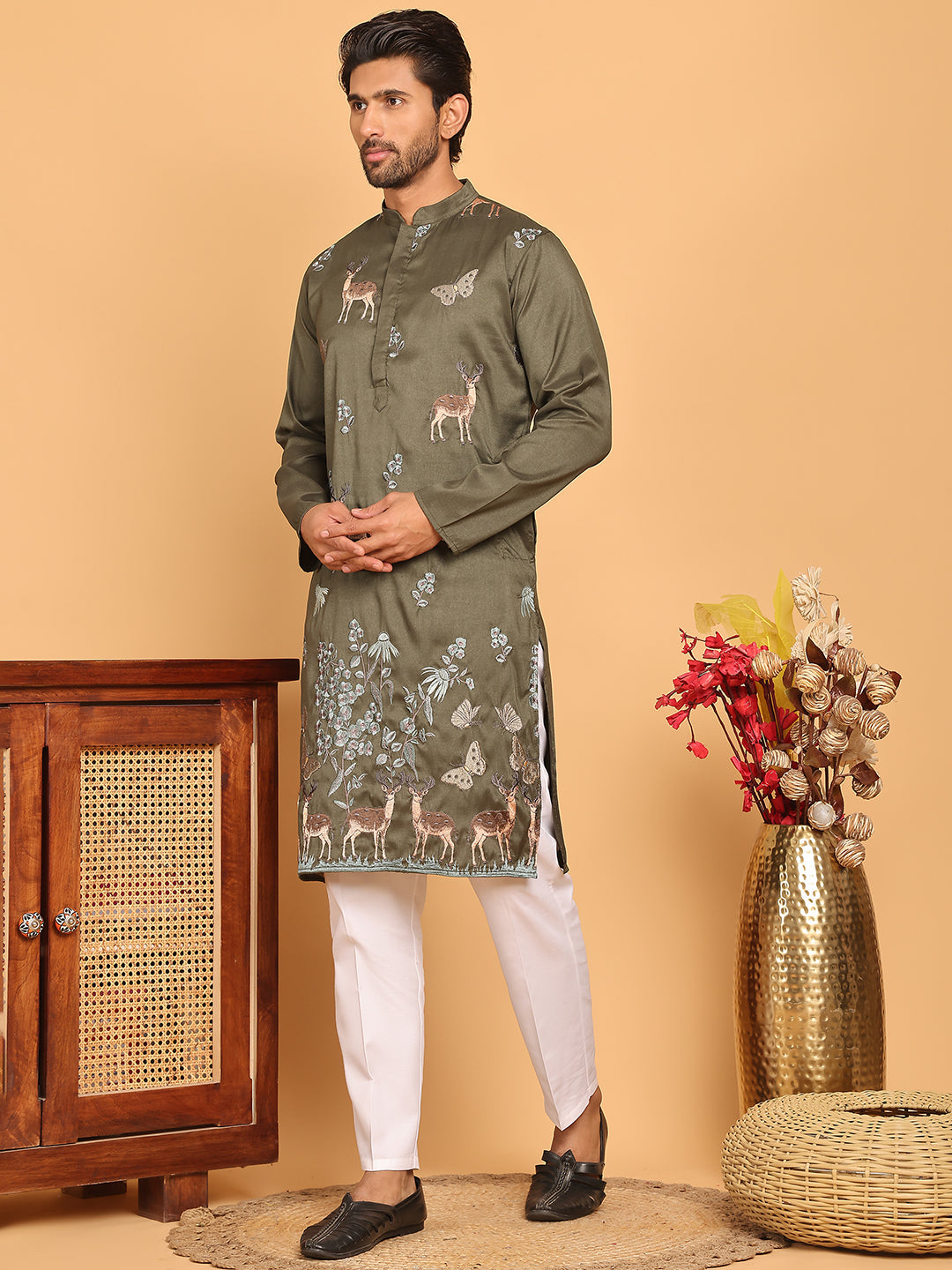 Embroidered Straight Kurta Set For Men ( JOKP P 5171 Olive )