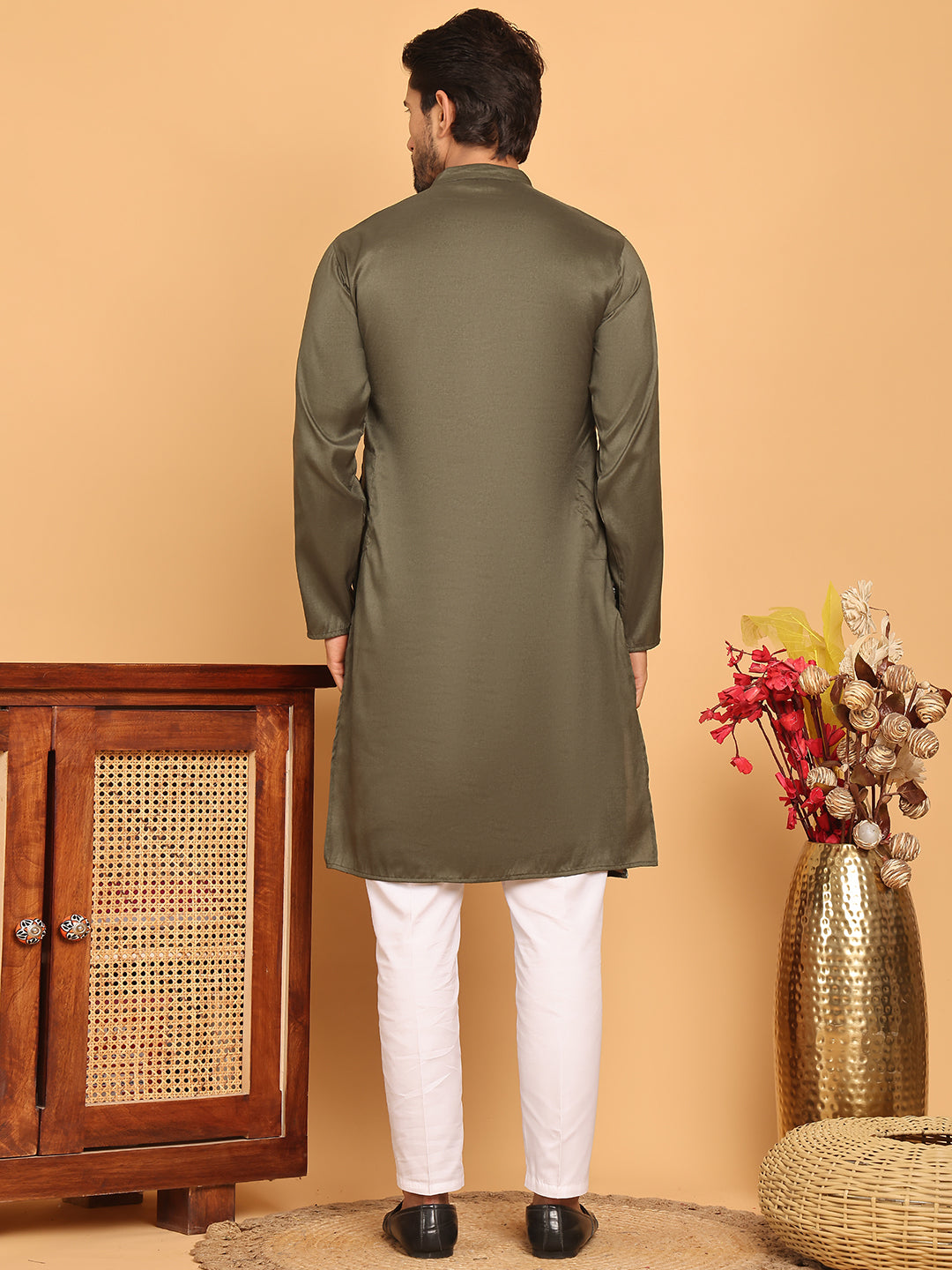 Embroidered Straight Kurta Set For Men ( JOKP P 5171 Olive )