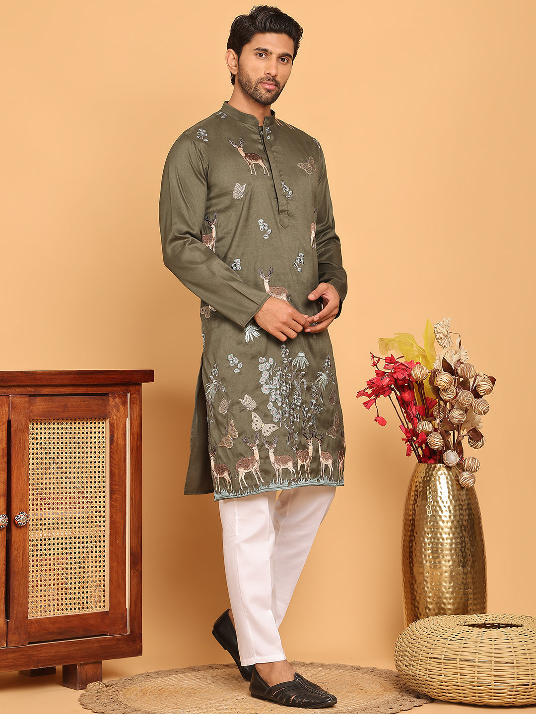 Embroidered Straight Kurta Set For Men ( JOKP P 5171 Olive )