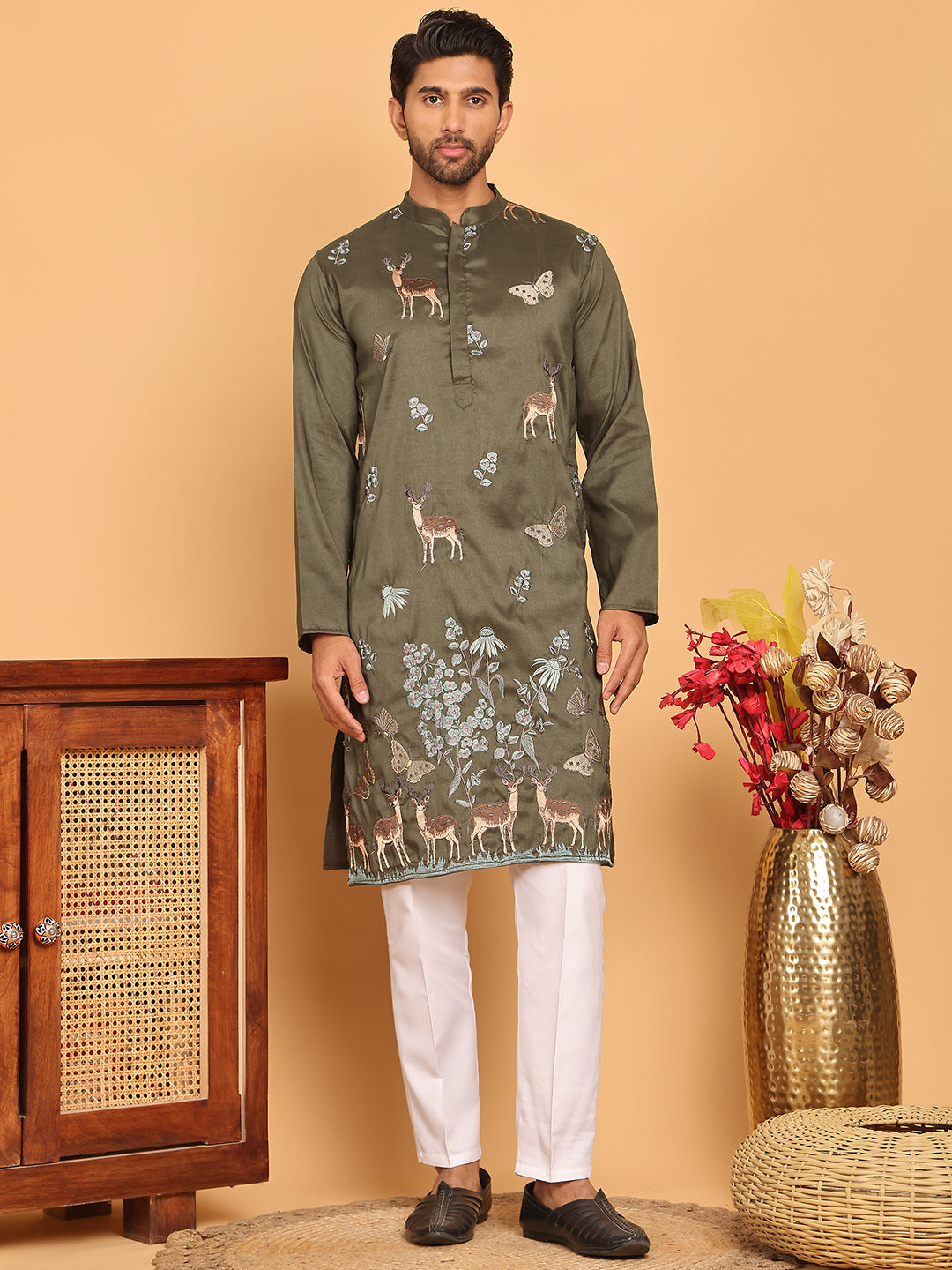 Embroidered Straight Kurta Set For Men ( JOKP P 5171 Olive )