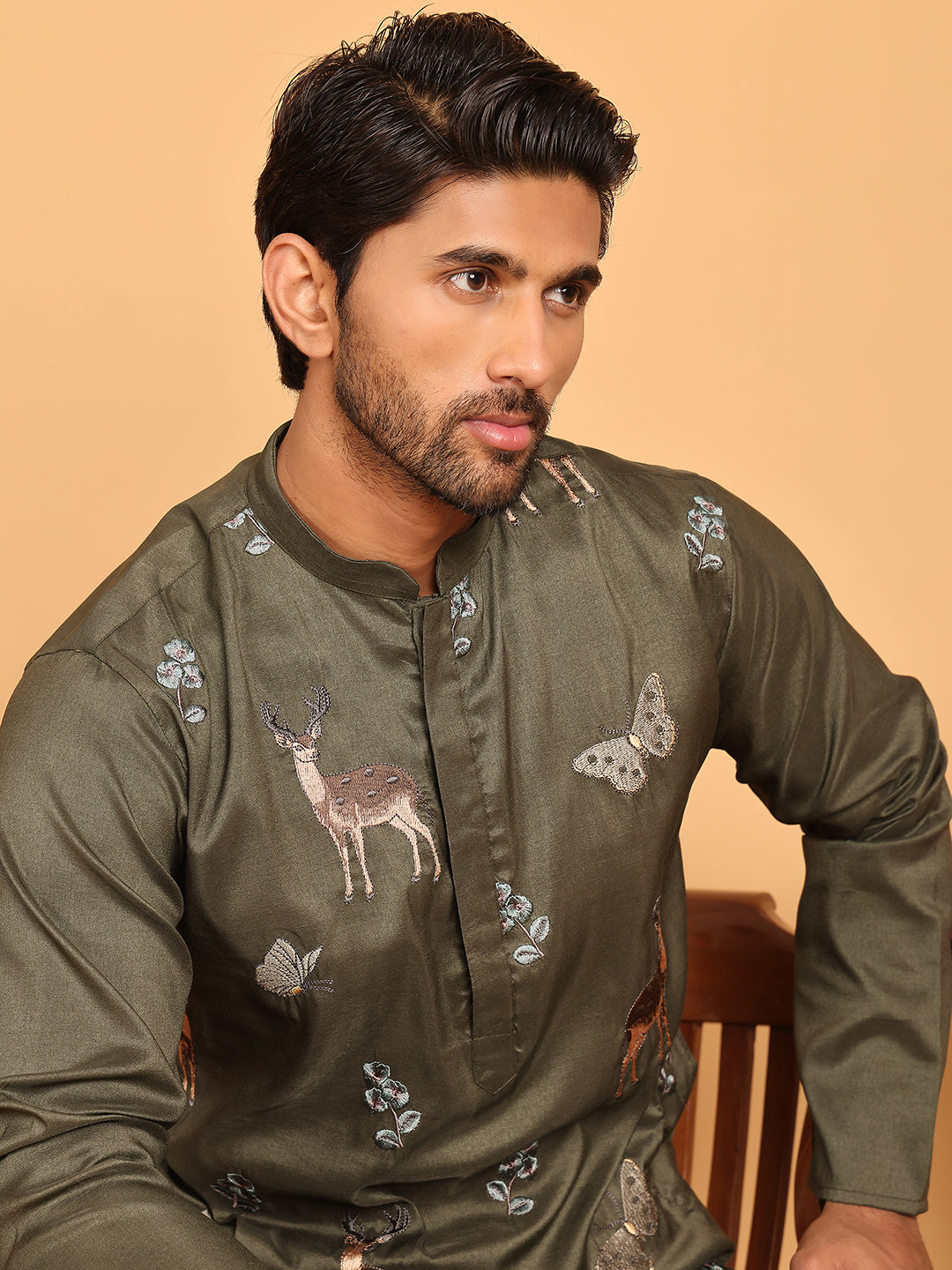 Embroidered Straight Kurta Set For Men ( JOKP P 5171 Olive )