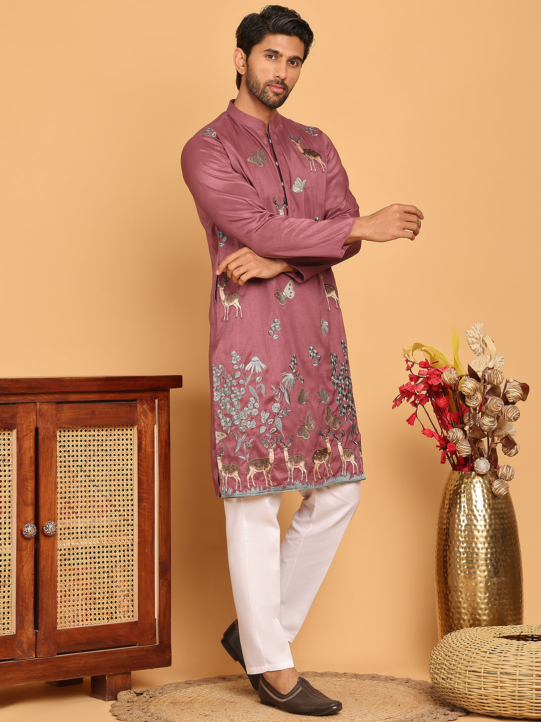 Embroidered Straight Kurta Set For Men ( JOKP P 5171 Purple )
