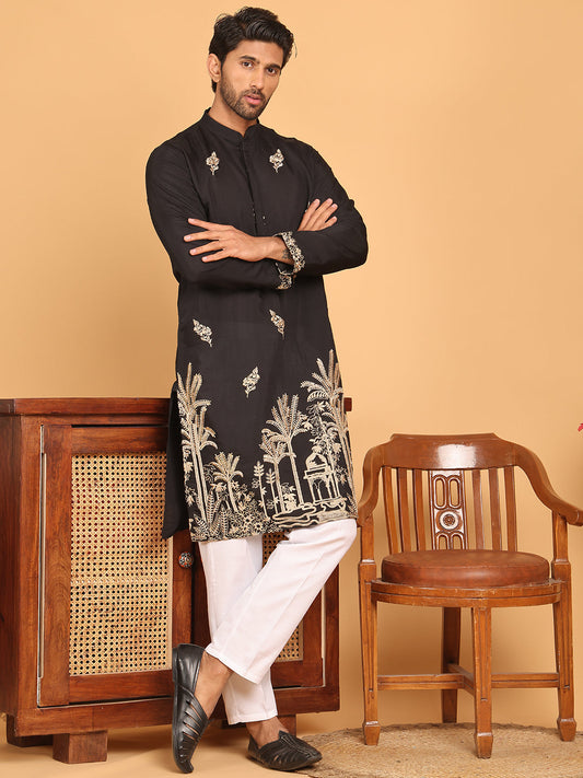 Black Embroidered Straight Kurta Set For Men ( JOKP P 5172 Black )