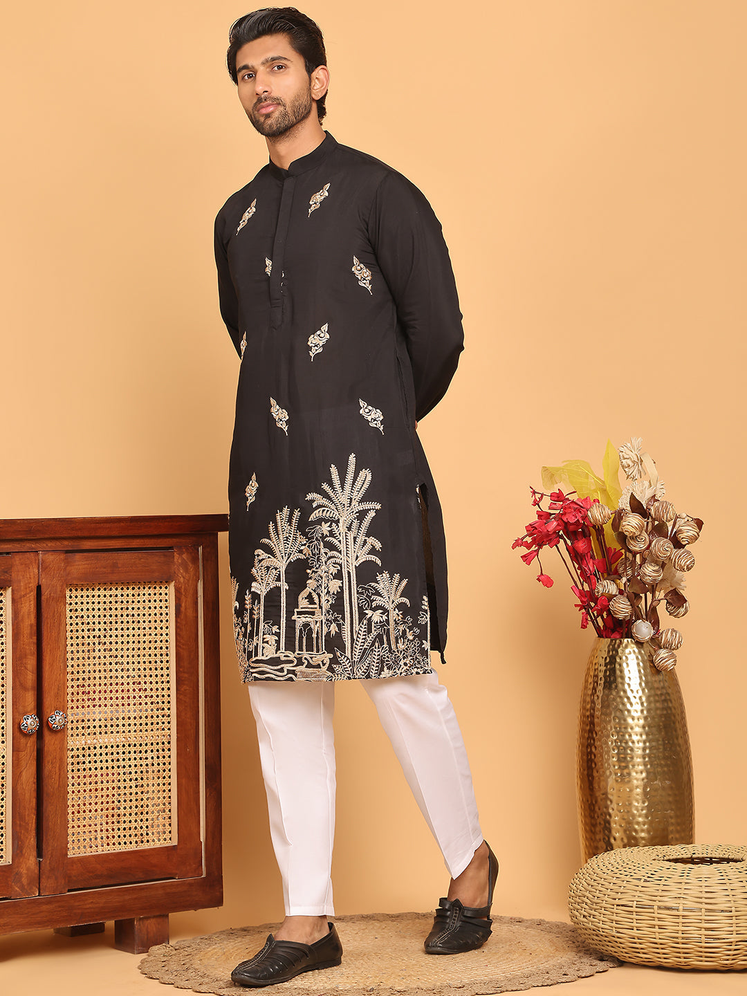 Black Embroidered Straight Kurta Set For Men ( JOKP P 5172 Black )