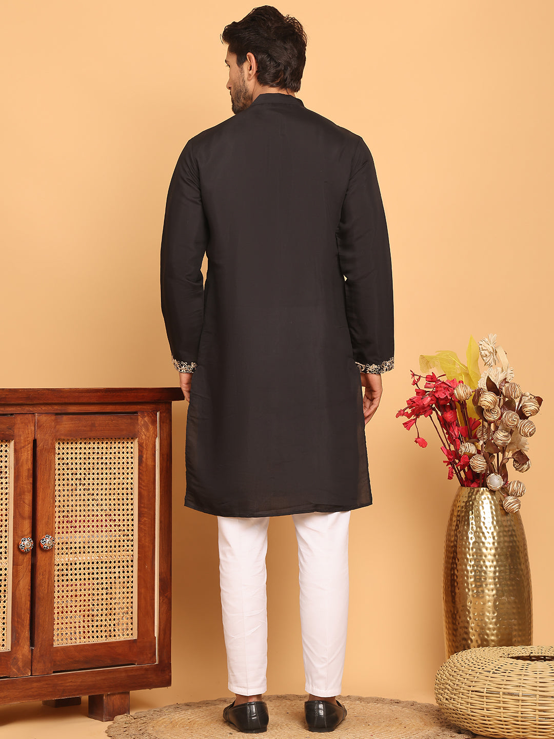 Black Embroidered Straight Kurta Set For Men ( JOKP P 5172 Black )