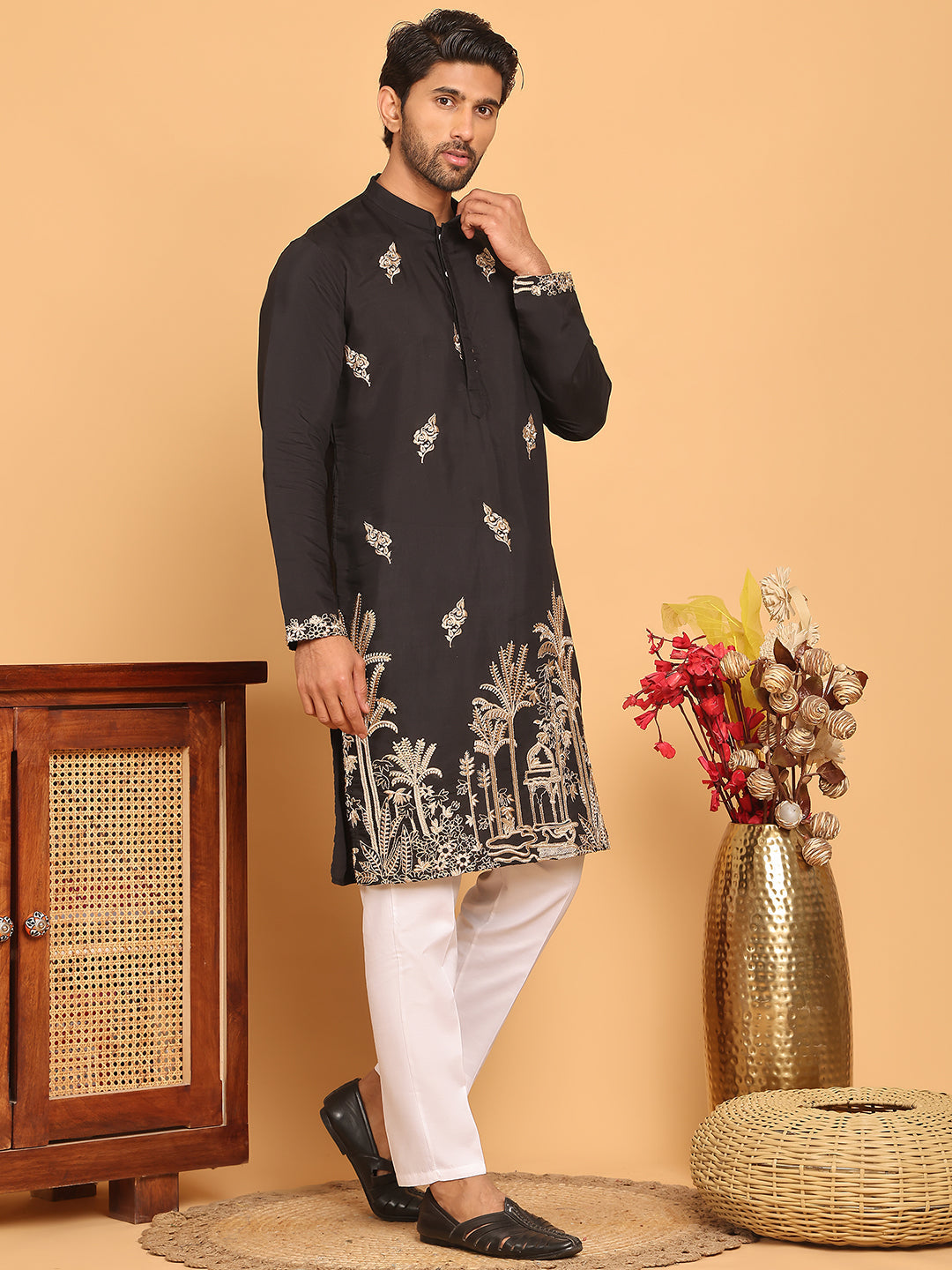 Black Embroidered Straight Kurta Set For Men ( JOKP P 5172 Black )