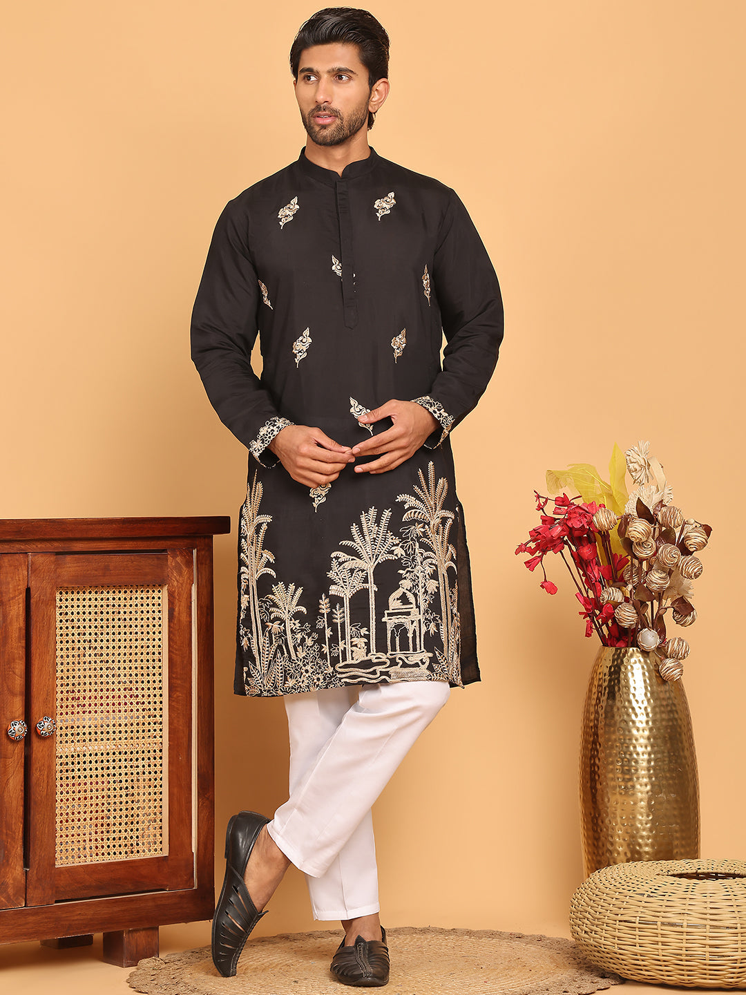 Black Embroidered Straight Kurta Set For Men ( JOKP P 5172 Black )